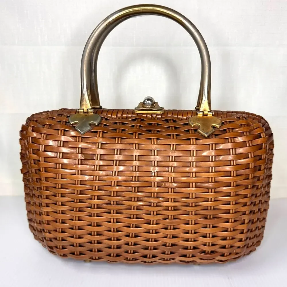 VINTAGE Basket Purse by Macy's Woven Metal MCM Vinyl HandMade in Honk Kong - Picture 2 of 14
